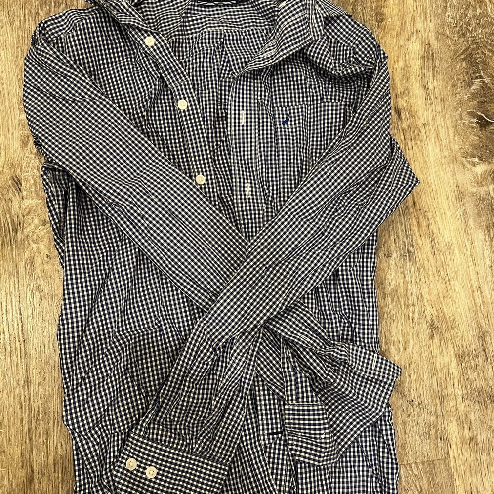 Men's Blue and White Checkered Shirt